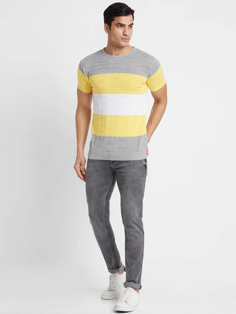 جلو باص Globus Men Grey Striped Cotton Round Neck Regular Fit T-shirt